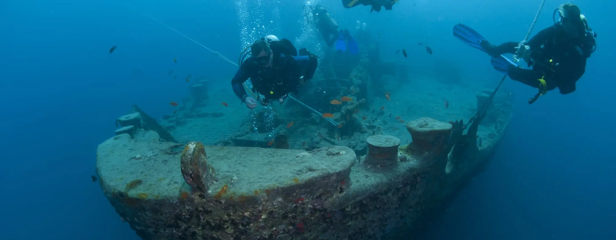 Divers exploring a shipwreck in the northern Red Sea