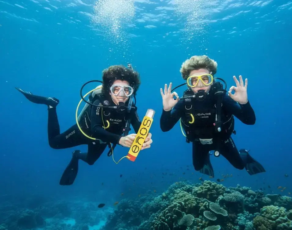 Two divers underwater with ENOS tracking device
